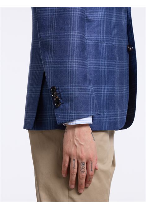 SINGLE-BREASTED CHECKED WOOL BLEND TAILORED JACKET - BLUE - LUIGI